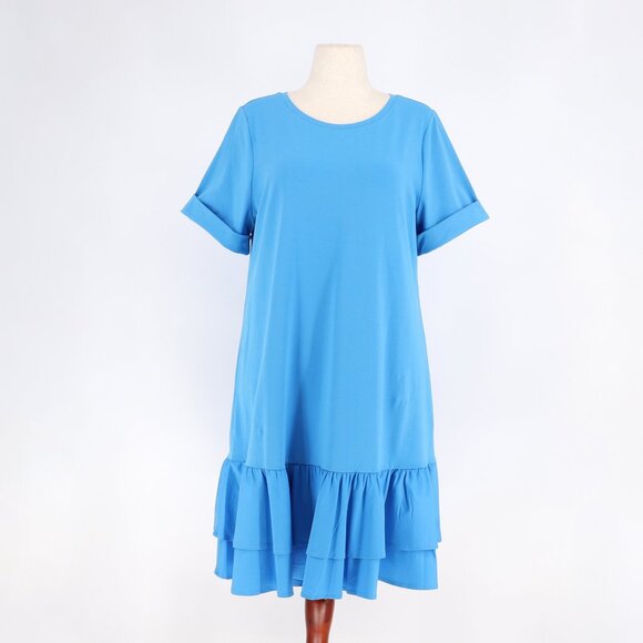 CHICO'S Ruffle Flouce Hem Cotton Shirt Dress Short Sleeve Blue Size 2 (US L) - Picture 1 of 6